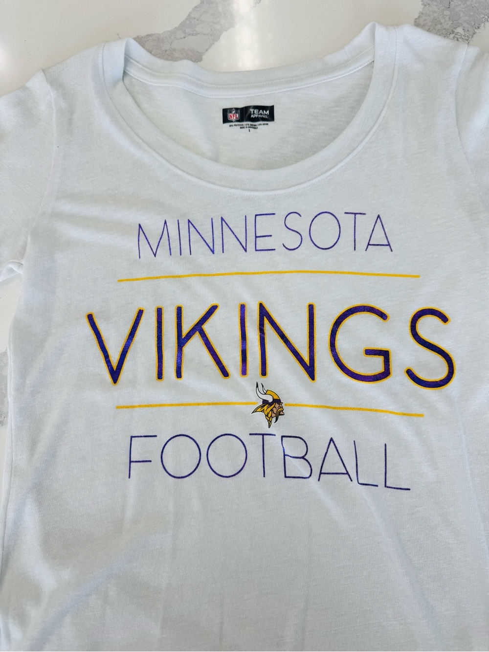 NFL Minnesota Vikings White Short Sleeve Tee with Purple & Gold Graphics